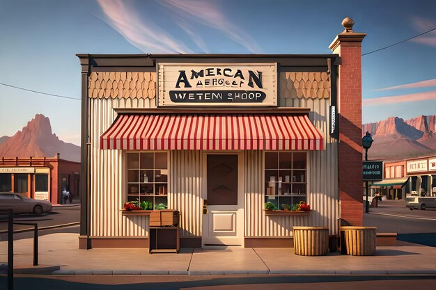 Foto ein laden im amerikanischen western-stil mit einer gestreiften markise.