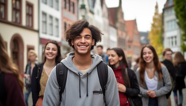 ein lächelnder 17-jähriger internationaler männlicher Student an einer Universität in Deutschland