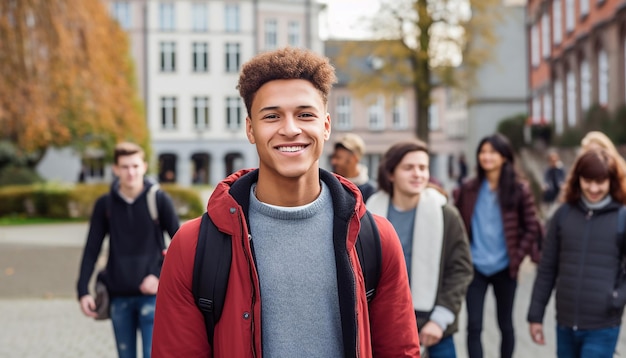 ein lächelnder 17-jähriger internationaler männlicher Student an einer Universität in Deutschland