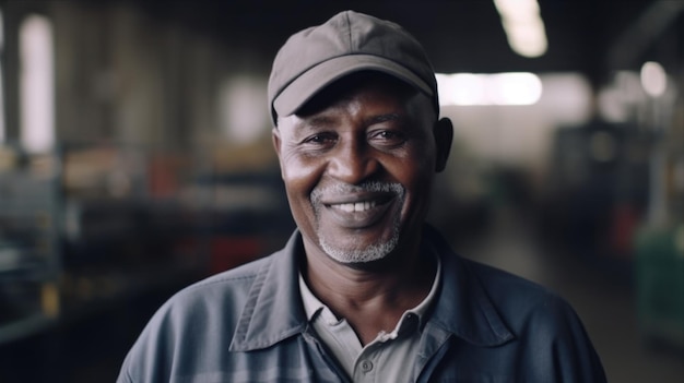 Foto ein lächelnder älterer afrikanischer männlicher elektronikfabrikarbeiter, der in der fabrik steht