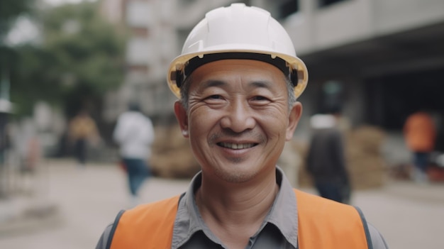 Ein lächelnder älterer chinesischer Bauarbeiter, der auf der Baustelle steht