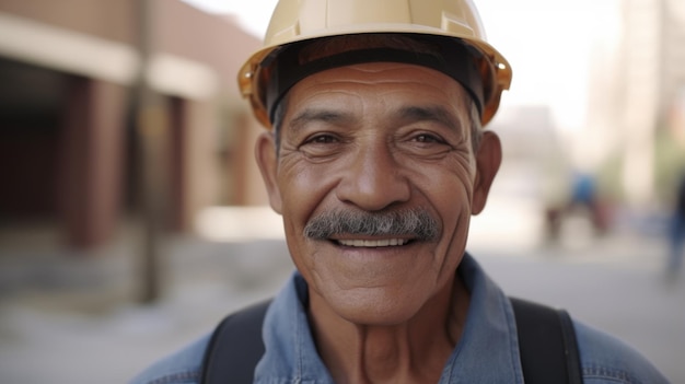 Ein lächelnder älterer hispanischer männlicher Bauarbeiter, der auf der Baustelle steht