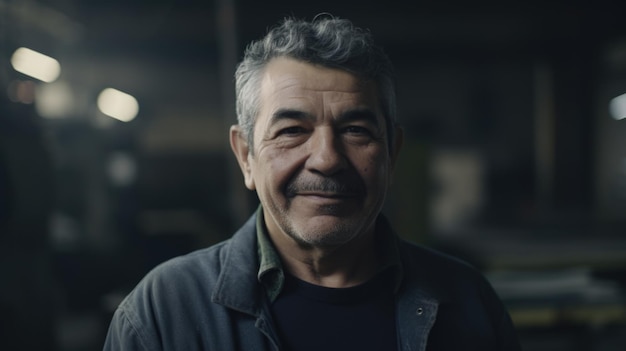 Ein lächelnder älterer hispanischer männlicher Fabrikarbeiter, der in einer Blechfabrik steht