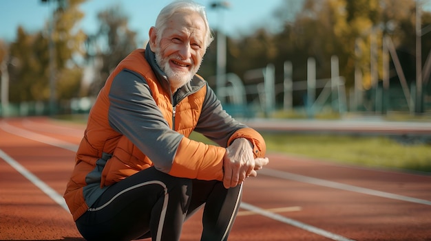 Foto ein lächelnder älterer mann, der sich nach einem lauf auf einer rennstrecke ausruht aktiver lebensstil und fitness in goldenen jahren freude an der bewegung, schön erfasst von ki