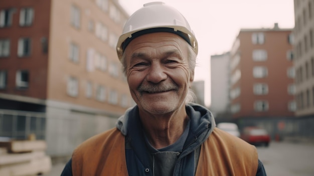 Ein lächelnder älterer schwedischer Bauarbeiter, der auf der Baustelle steht