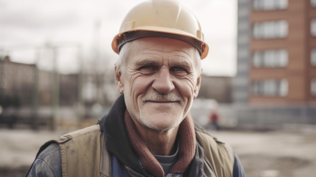 Ein lächelnder älterer schwedischer Bauarbeiter, der auf der Baustelle steht