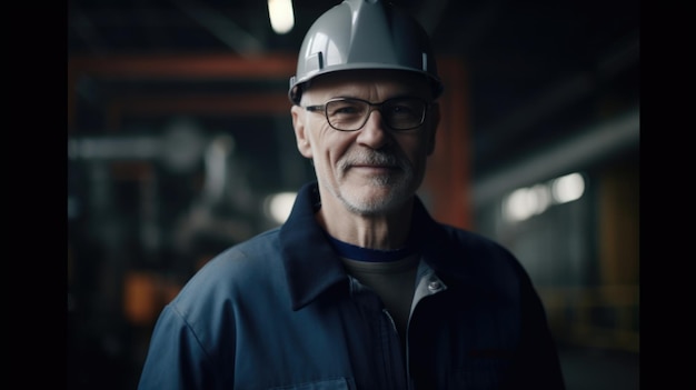 Ein lächelnder älterer schwedischer Fabrikarbeiter, der in einer Ölraffinerieanlage steht