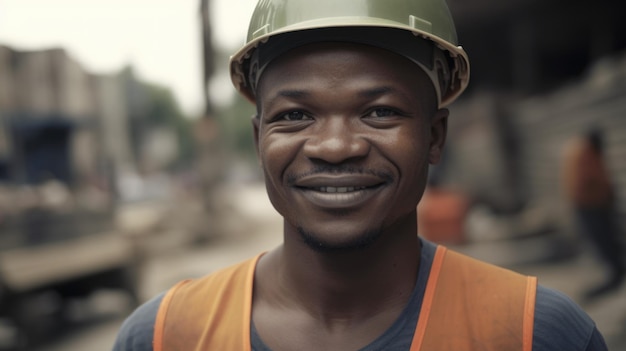 Ein lächelnder afrikanischer männlicher Bauarbeiter, der auf der Baustelle steht