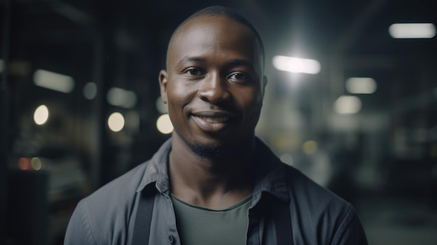 Ein lächelnder afrikanischer männlicher Elektronikfabrikarbeiter, der in der Fabrik steht