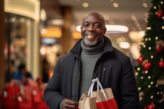 Ein lächelnder afroamerikanischer Mann mittleren Alters mit Weihnachtsgeschenken in Einkaufstaschen in einem Einkaufszentrum