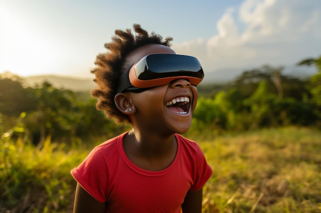 Ein lächelnder afroamerikanischer Teenager trägt eine Virtual-Reality-Brille im Freien.