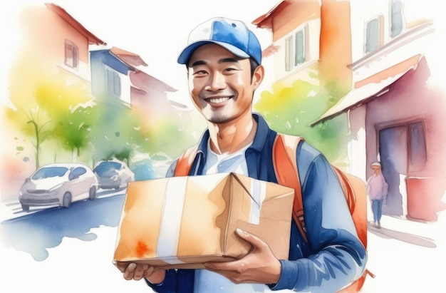 Ein lächelnder asiatischer Liefermann hält ein Paket, während er auf einer Stadtstraße spazieren geht. Aquarell-Illustration