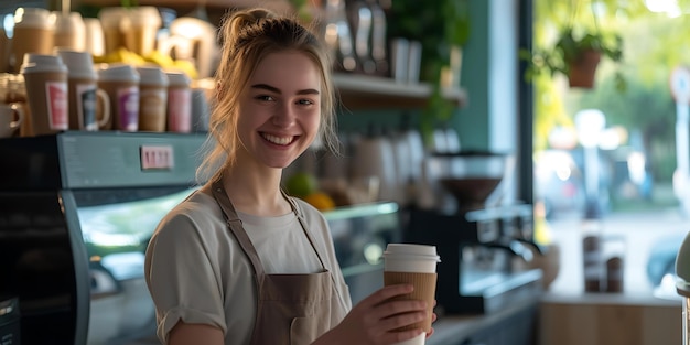 Ein lächelnder Barista hält eine Kaffeetasse in einem gemütlichen Café.