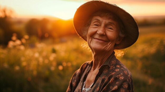 Ein lächelnder Bauer, eine ältere Frau in einem Hut sitzt auf einer Wiese und weidet Kühe