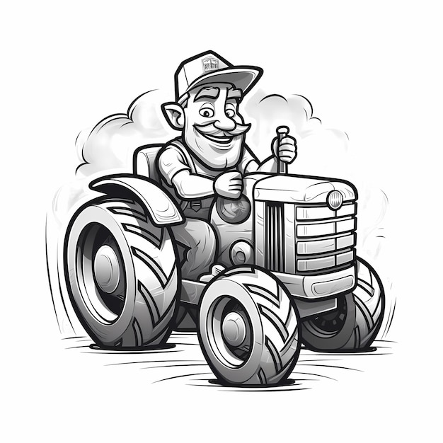 Foto ein lächelnder bauer fährt einen traktor schwarz-weiß 2d-cartoon