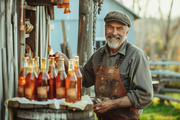 Ein lächelnder Bauer gießt frisch geernter Ahornsirup in Flaschen und steht stolz vor seinem Haus.