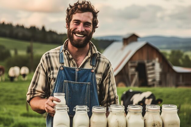 Ein lächelnder Bauer in Overall bietet Krüge mit frischer Milch und Joghurt mit seiner rustikalen Scheune und