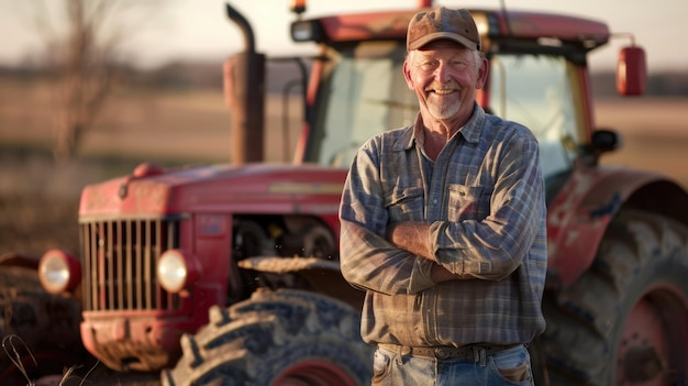 Foto ein lächelnder bauer steht vor seinem roten traktor auf dem feld