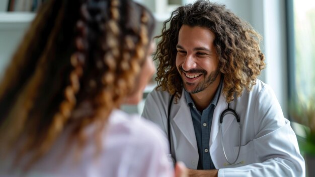 Foto ein lächelnder erwachsener arzt hört zu, wie eine patientin über ihre gesundheit spricht