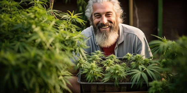 Ein lächelnder Gärtner hält eine Kiste mit Marihuana-Setzlingen im Garten. Seine Sorgfalt für Pflanzen und seine Freude an der Ernte schaffen eine Atmosphäre der Harmonie. KI Generative KI