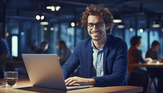 Ein lächelnder Geschäftsmann sitzt in einem Restaurant und arbeitet an einem Laptop