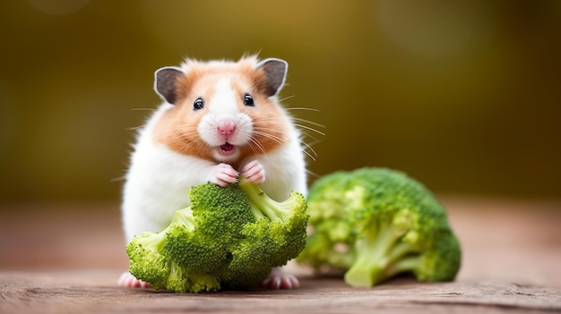 Ein lächelnder Hamster, der an einem Stück Brokkoli knabbert, wurde von der KI generiert