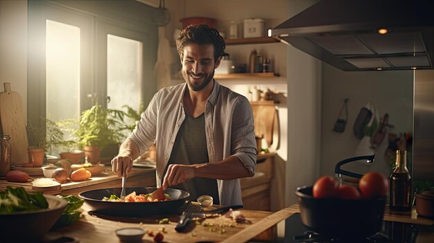 Ein lächelnder, hübscher junger Mann kocht in der Küche