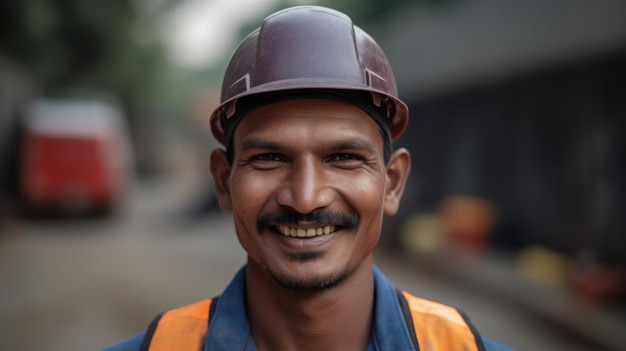 Ein lächelnder indischer männlicher Bauarbeiter, der auf der Baustelle steht