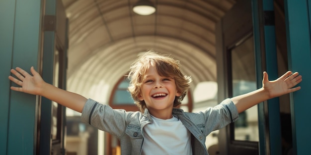 Ein lächelnder Junge geht glücklich zur Schule, die Arme vor Freude ausgebreitet. Ein neuer Tag, neues Wissen, neue Freunde erwarten KI. Generative KI