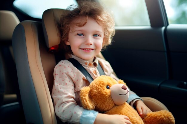 Ein lächelnder Junge in einem Autositz, der mit einem Teddybären in einem Kindersitz gespannt ist