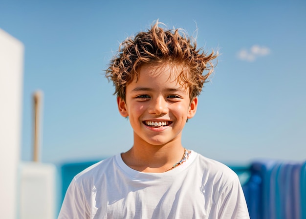 ein lächelnder Junge in einem weißen T-Shirt, der Glück und Positivität ausstrahlt