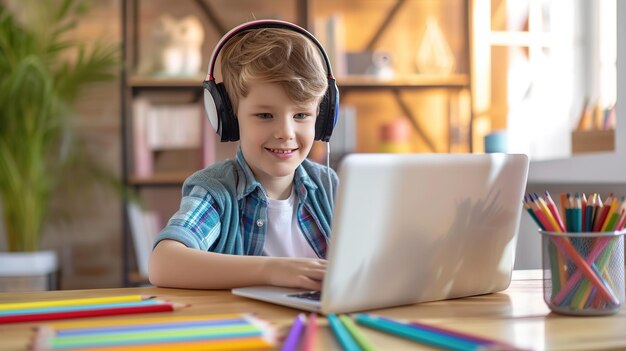 Ein lächelnder Junge mit Kopfhörern benutzt einen Laptop an einem hell beleuchteten Tisch mit farbigen Bleistiften