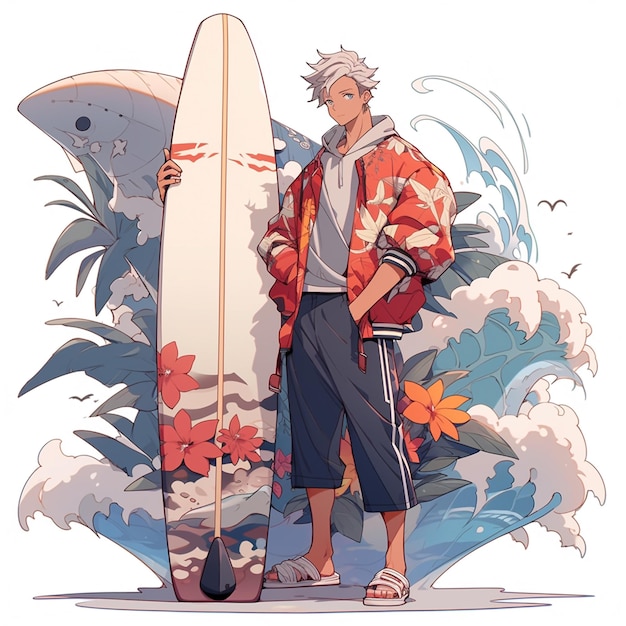 Ein lächelnder Junge steht und ein Surfbrett neben ihm