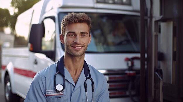 Foto ein lächelnder junger männlicher arzt, der in die kamera schaut und den arm vor dem krankenwagen kreuzt