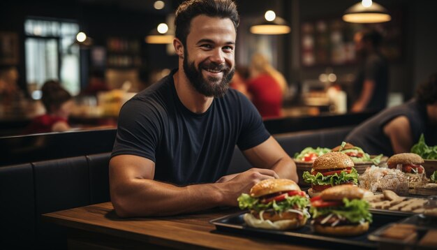 Ein lächelnder junger Mann genießt eine köstliche Burgermahlzeit, die von künstlicher Intelligenz erzeugt wurde