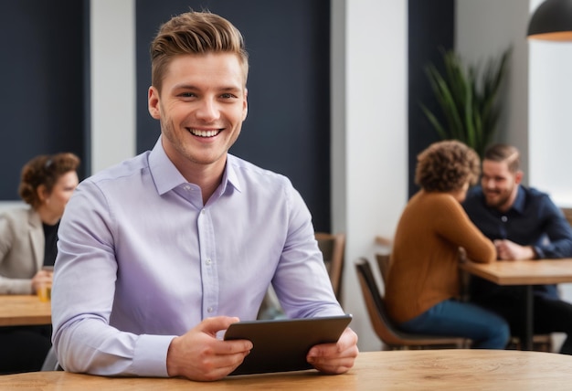 Ein lächelnder junger Mann in einem blauen Blazer benutzt ein Tablet in einem Café sein Verhalten professionell und einladend