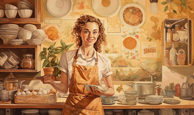 ein lächelnder Kleinunternehmer, der auf Essen in der Küche in der Art von emotionaler Komplexität hinweist