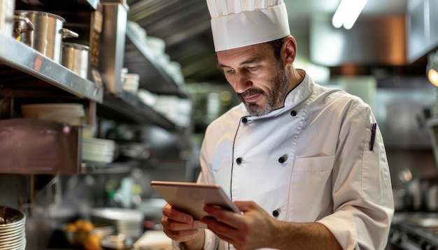 Ein lächelnder Koch benutzt ein Tablet in der Küche