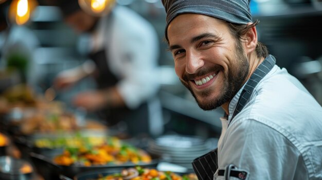 Ein lächelnder Koch genießt seine Arbeit in einer lebendigen Küche