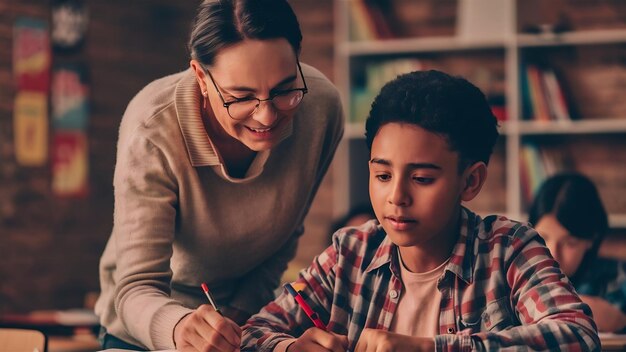 Foto ein lächelnder lehrer hilft einem schüler