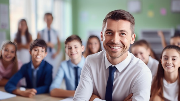 Ein lächelnder Lehrer steht vor einer Gruppe von Schülern im Klassenzimmer