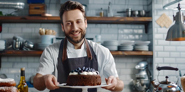 Ein lächelnder männlicher Koch präsentiert einen hausgemachten Schokoladenkuchen in einer rustikalen Küche. Kulinarische Köstlichkeiten, die künstlerisch perfekt für Werbe-Blogs erfasst wurden.
