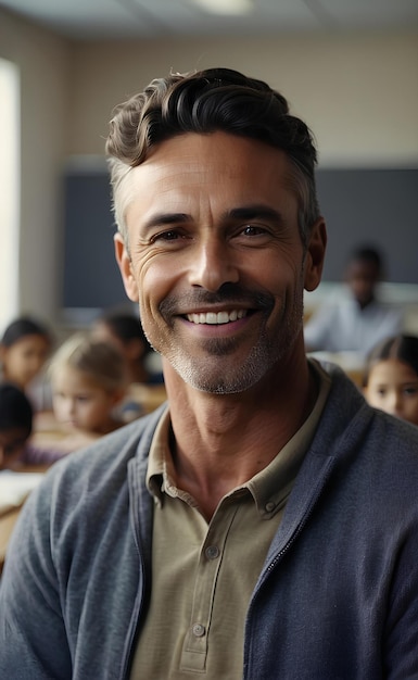Ein lächelnder männlicher Lehrer in einer Klasse mit Schülern im Hintergrund