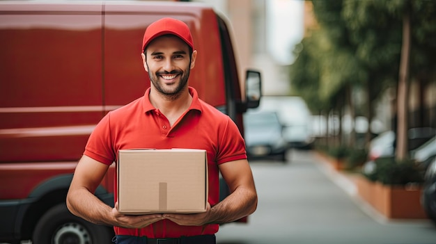 Ein lächelnder männlicher Lieferarbeiter vor seinem Lieferwagen Transport Generative Ai