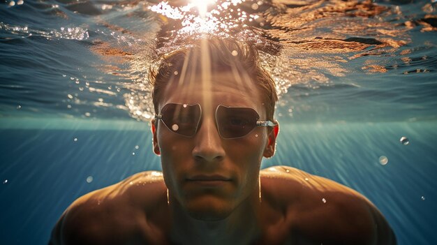 Ein lächelnder männlicher Schwimmer posiert mit Schutzbrille und Mütze im Pool