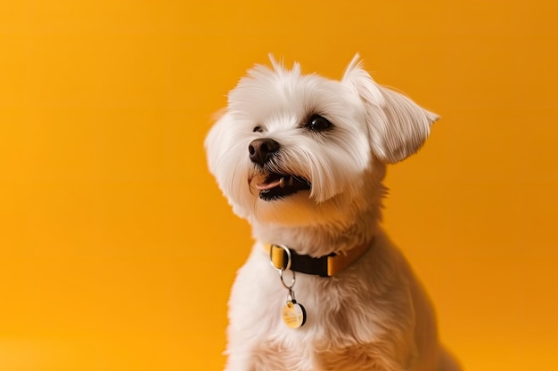 Ein lächelnder maltesischer Hund steht allein auf gelbem Hintergrund