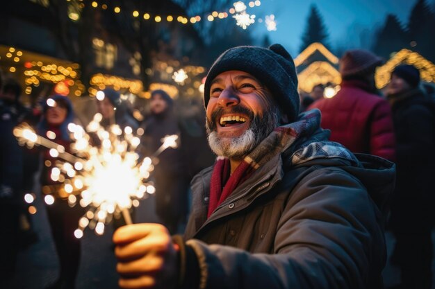 Foto ein lächelnder mann genießt feierliche funkeln inmitten des marktes