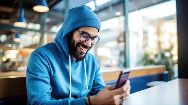 Ein lächelnder Mann in blauer Kleidung benutzt das Telefon