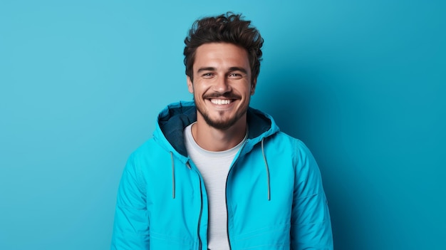 Ein lächelnder Mann in einem lebendigen Outfit mit türkisfarbenem Hintergrund