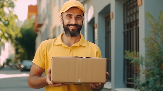 Ein lächelnder Mann in gelber Uniform mit Mütze hält eine Bastelkiste mit einer Bestellung in den Händen. Der Kurier trägt die Bestellung zum Kunden. Lieferservice-Kurier oder Lieferbote. Generative KI